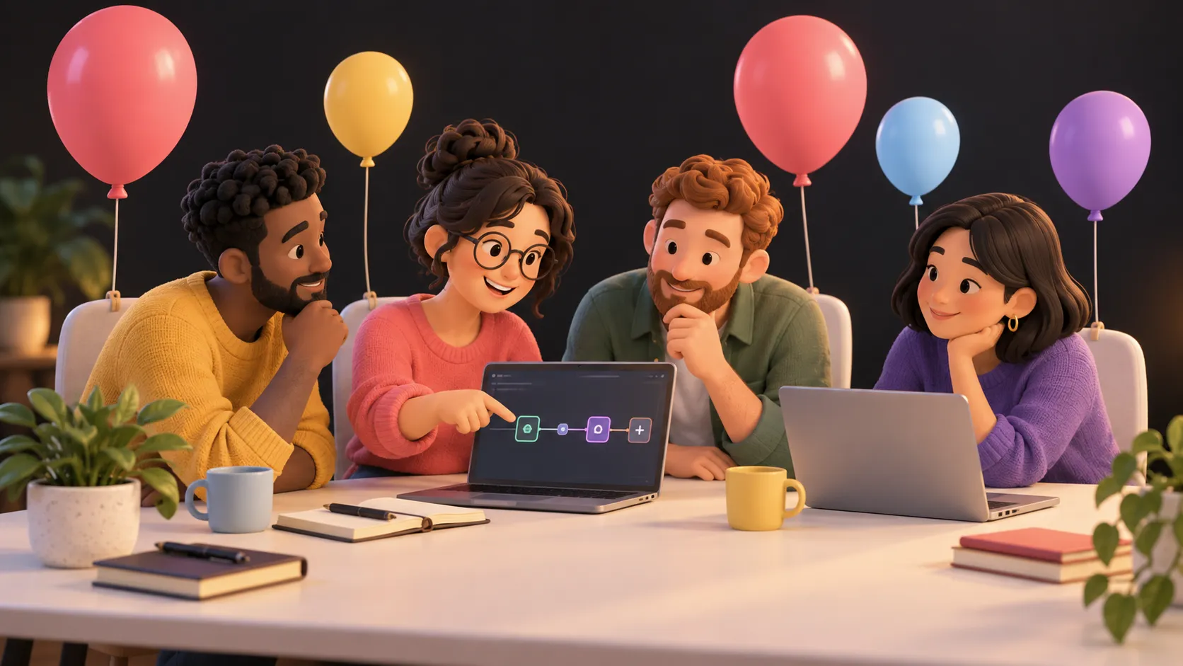 Illustration of workshop participants building workflows together with colorful balloons