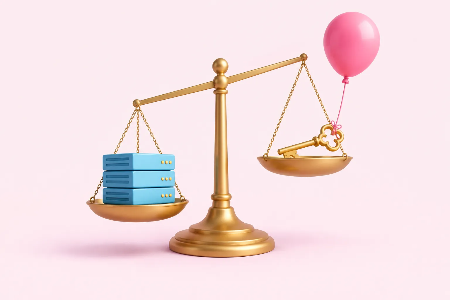 Scales weighing self-hosted server blocks against a licence key, illustrating n8n io pricing choices