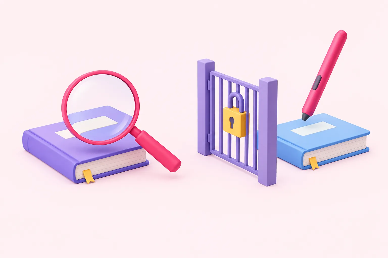 A ledger is inspected on one side while a writing stylus waits behind a separate locked gate.