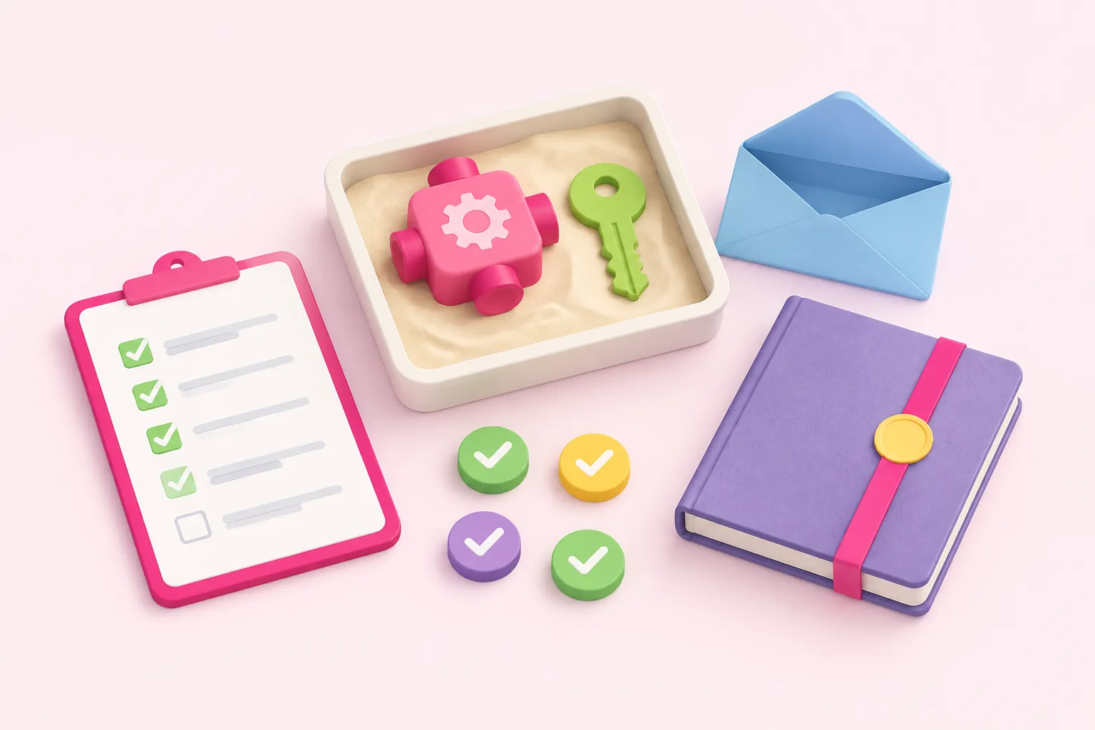 Review tokens sit beside a function specimen, access key, response envelope and sealed business ledger.