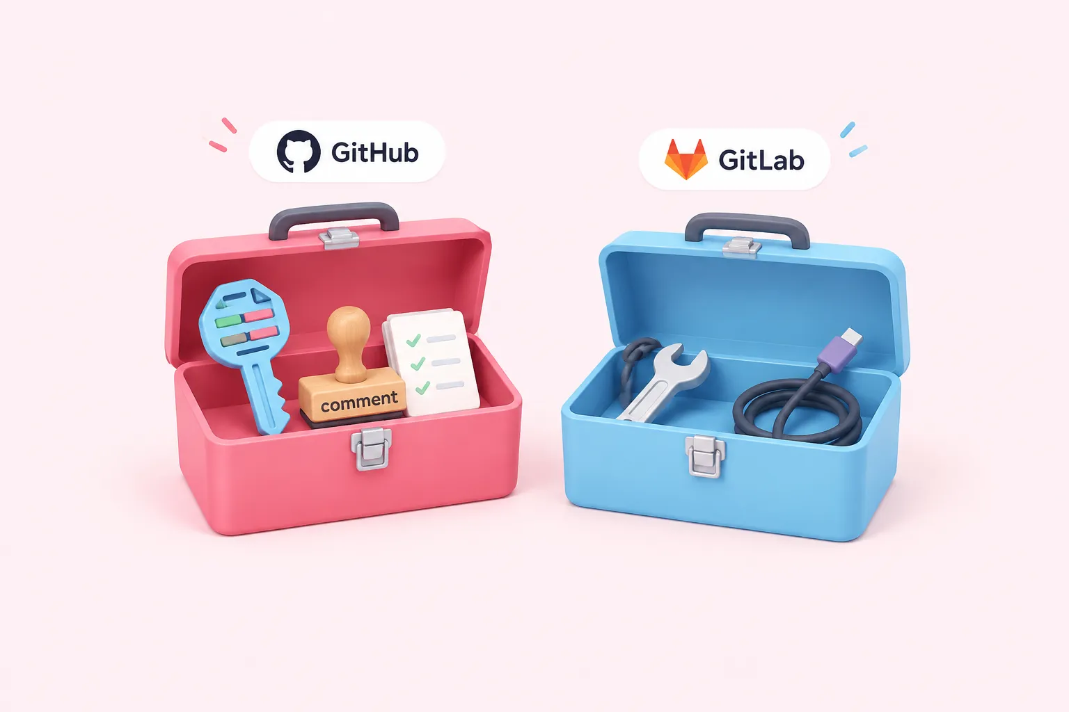 Two toolboxes comparing GitHub and GitLab node support for fetching diffs and posting review comments.