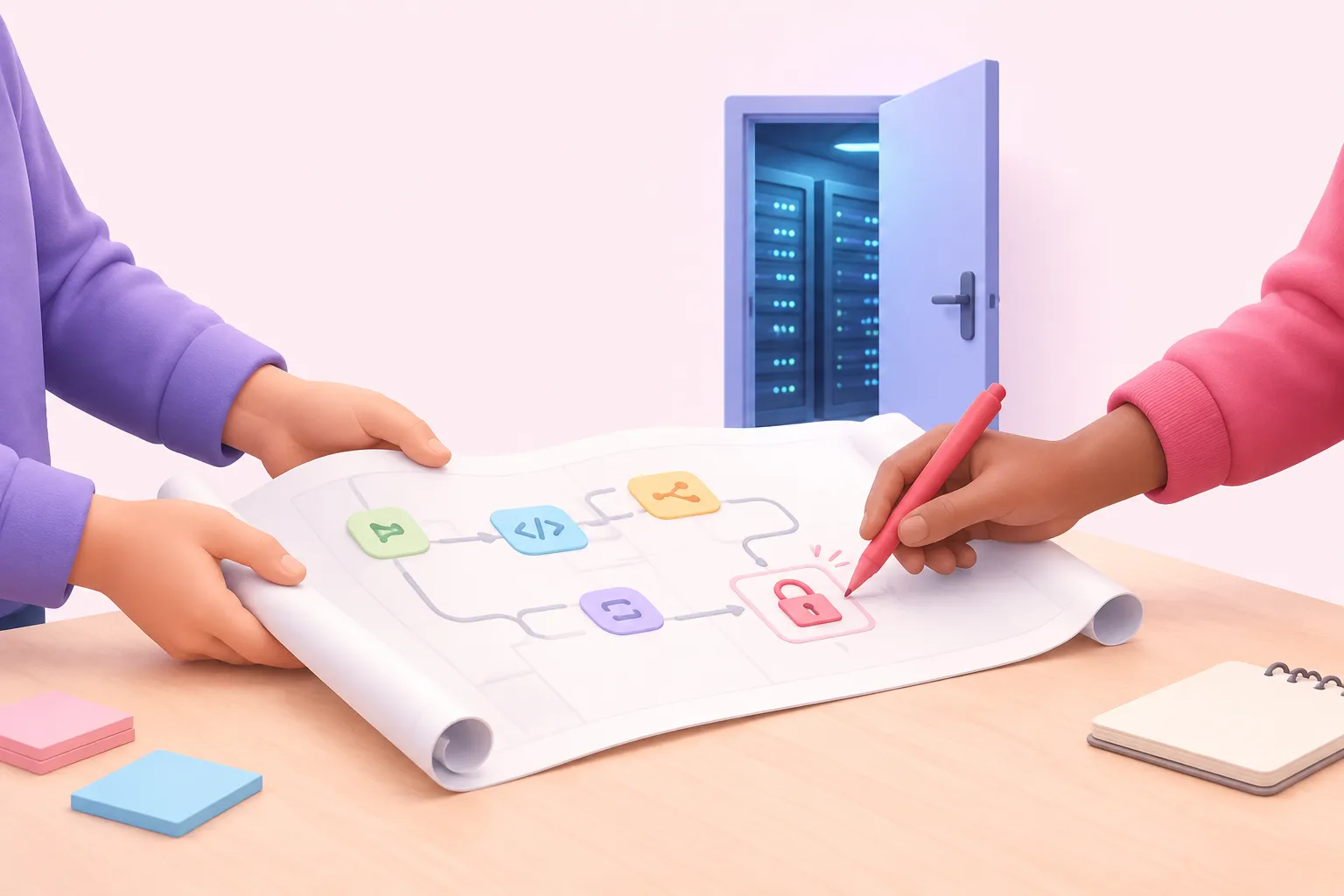 Two reviewers mark up a paper workflow blueprint before it passes through a doorway into a shared n8n instance.