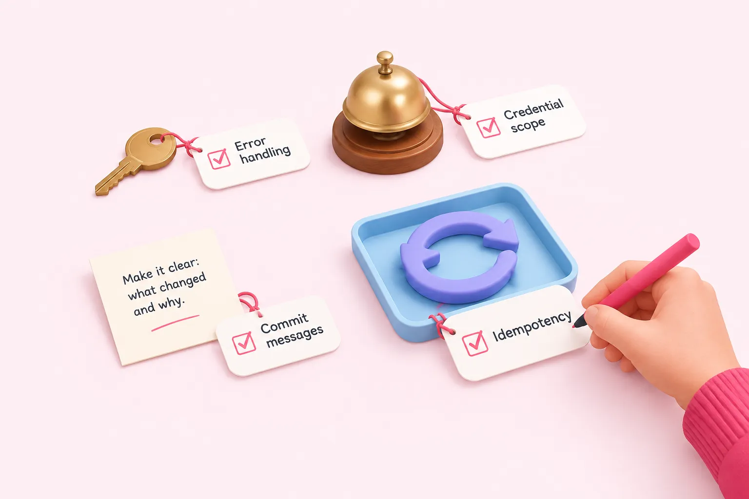 A hand checks off tags on a key, a bell, a note card and a looping arrow representing an n8n code review checklist.