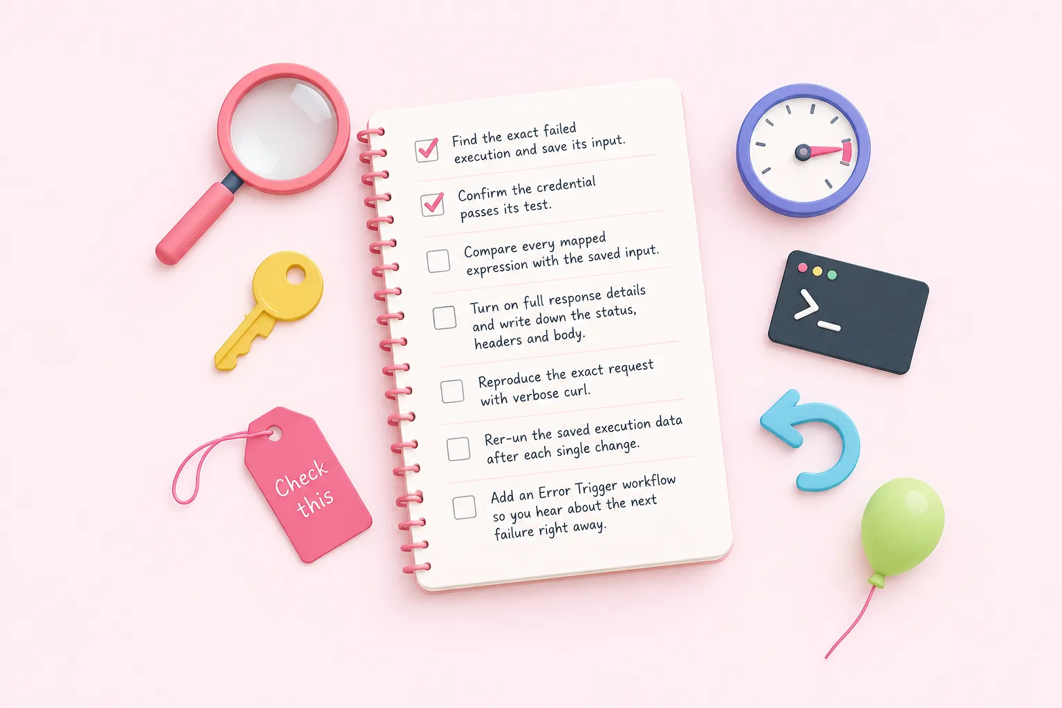 Overhead notebook checklist with seven rows, each paired with a small object for one debugging step.
