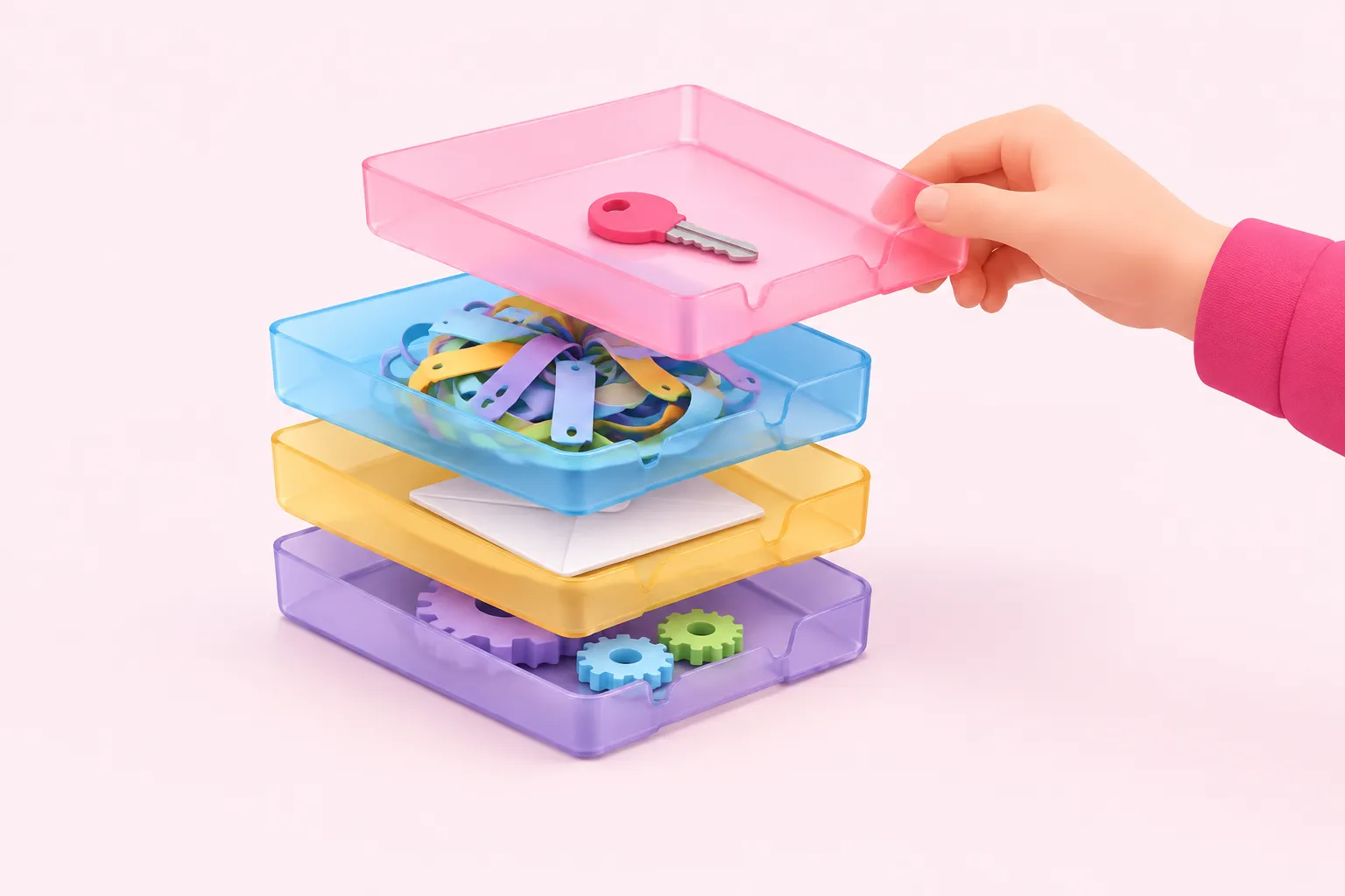 Four stacked trays holding a key, tags, an envelope and gears, with one tray lifted out for inspection.