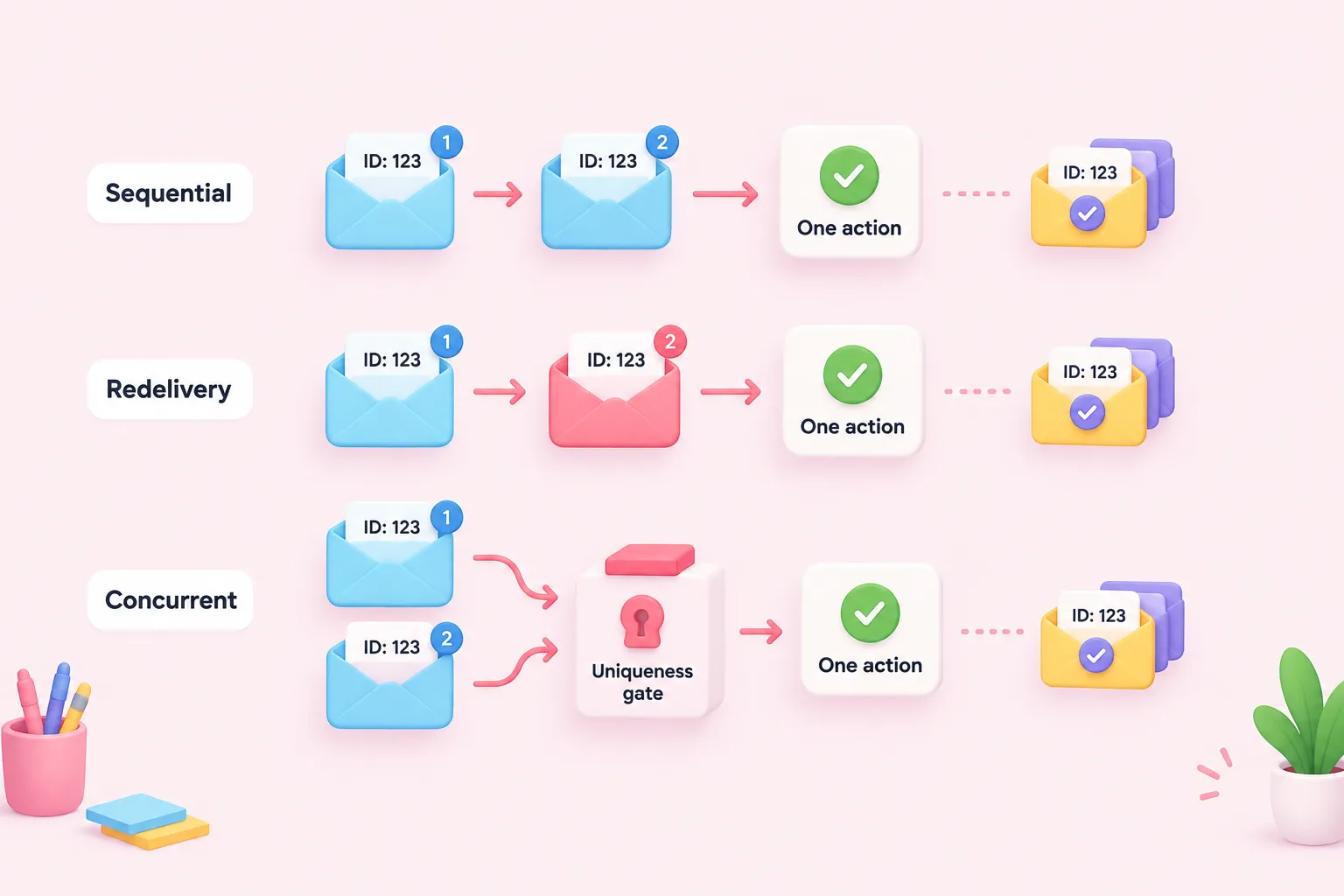 Three-lane test checklist for sequential duplicates, provider redelivery, and concurrent webhook requests.