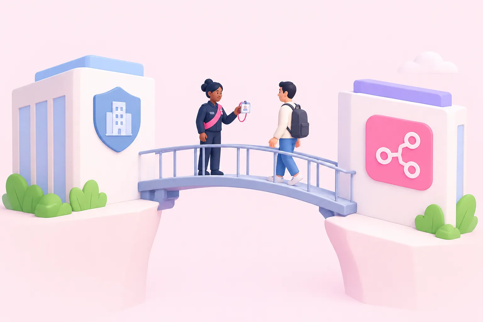 A gatekeeper checking a visitor's badge between two connected towers, one marked with a company badge and one with an automation icon.