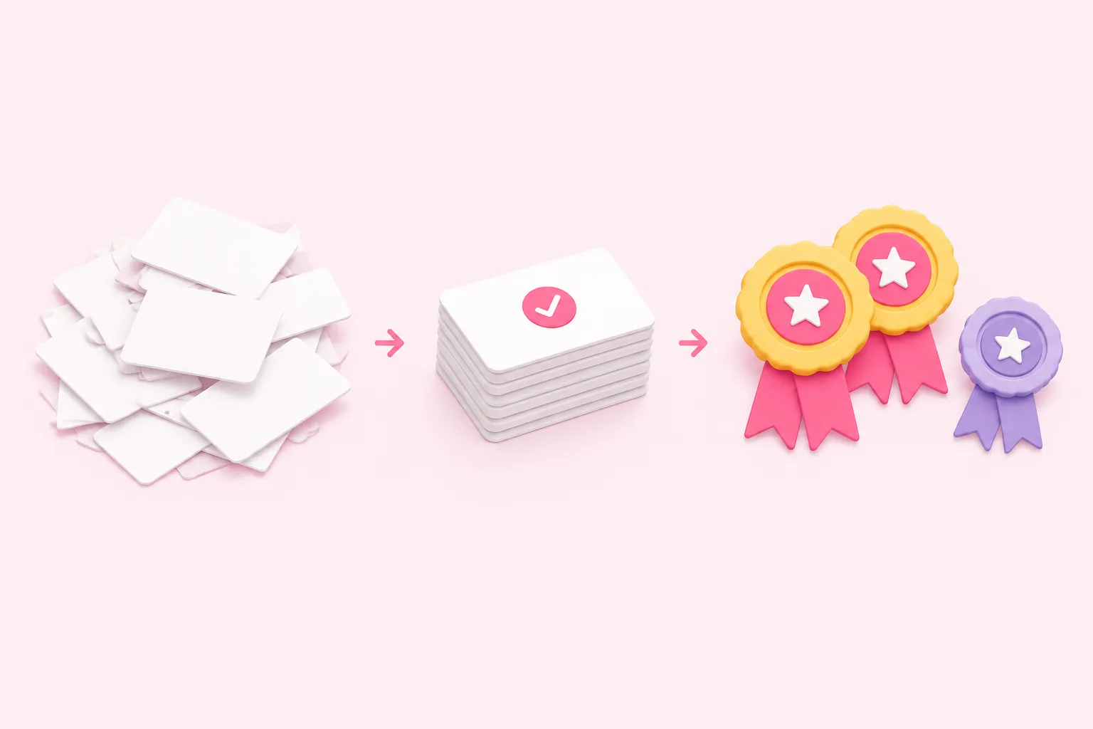 Pile of blank sign-up cards, a stack of stamped cards, and two first-place ribbons with one third-place ribbon.