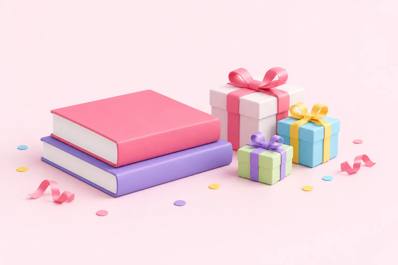 Plain stacked books and a few small gifts on a pastel table.