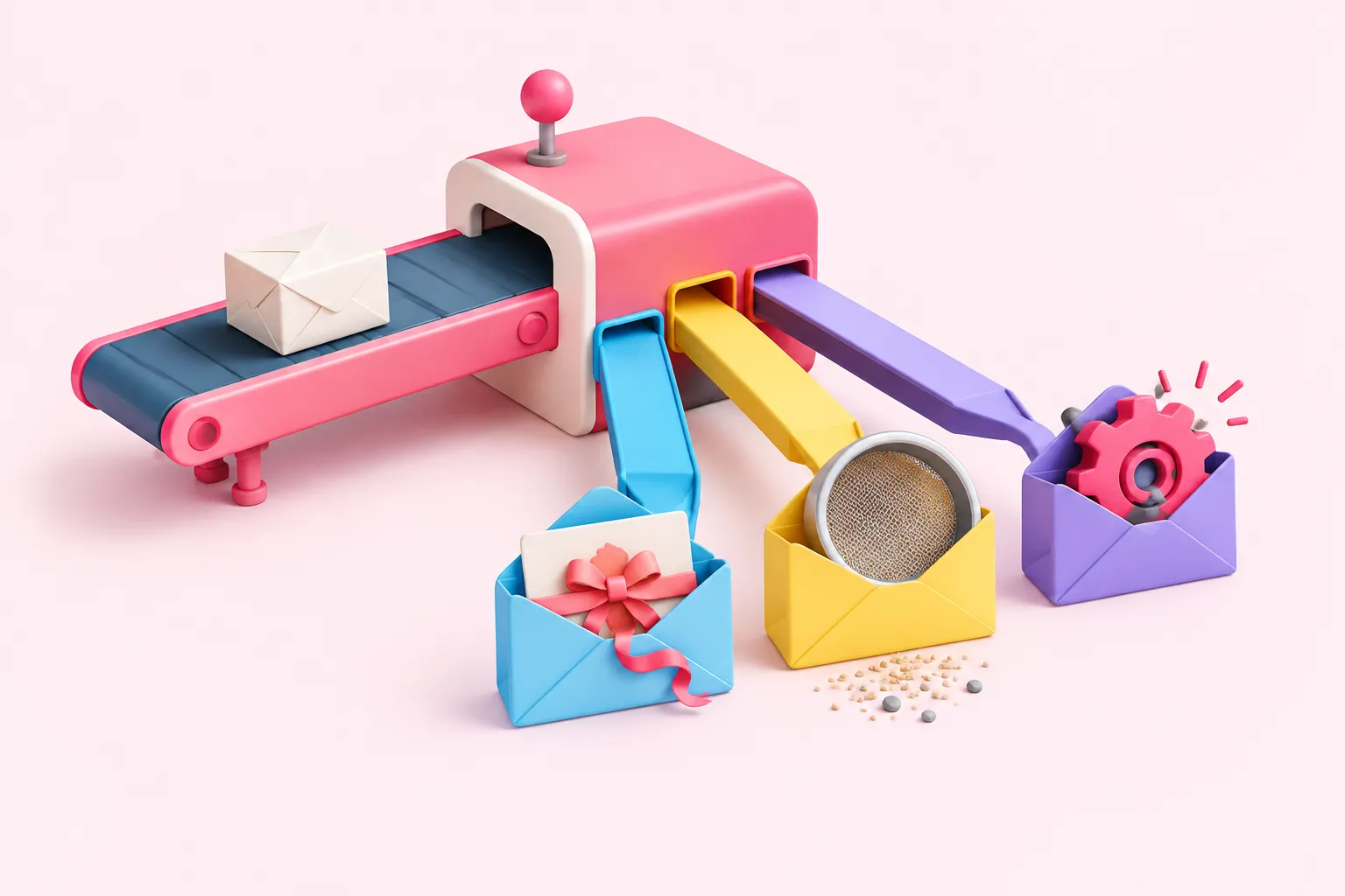 A mechanical sorting bench directs a paper parcel toward three reply envelopes.