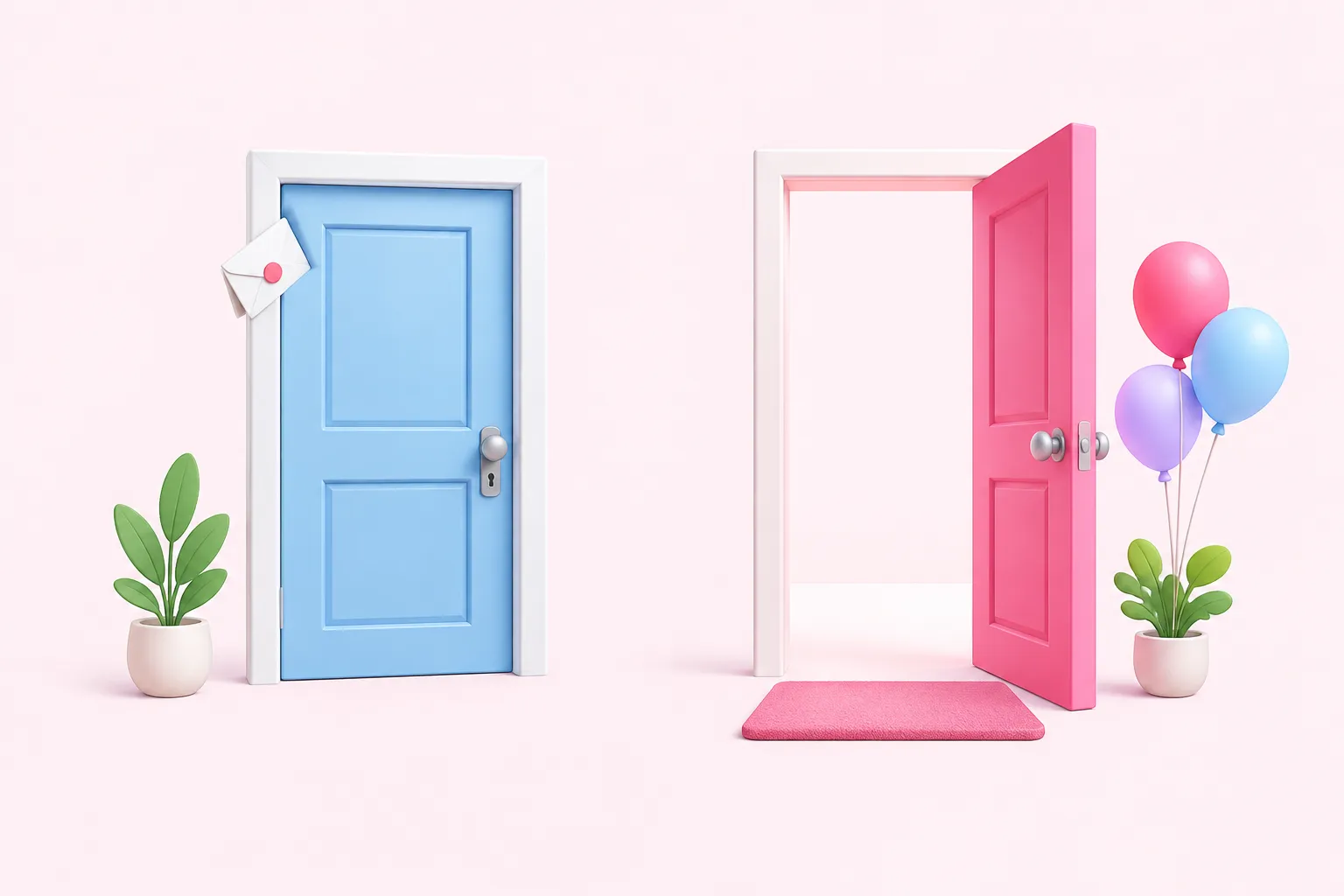 A closed door with an invitation next to an open door, contrasting Partner Day with Ecosystem Day