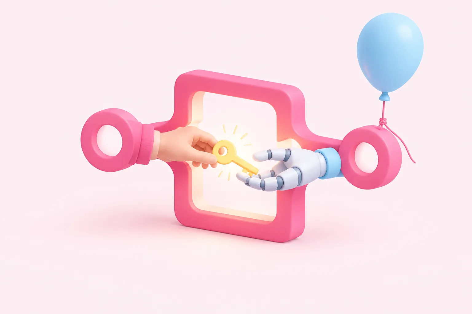 A human hand and a robotic hand pass a key through a doorway shaped like an n8n workflow node.