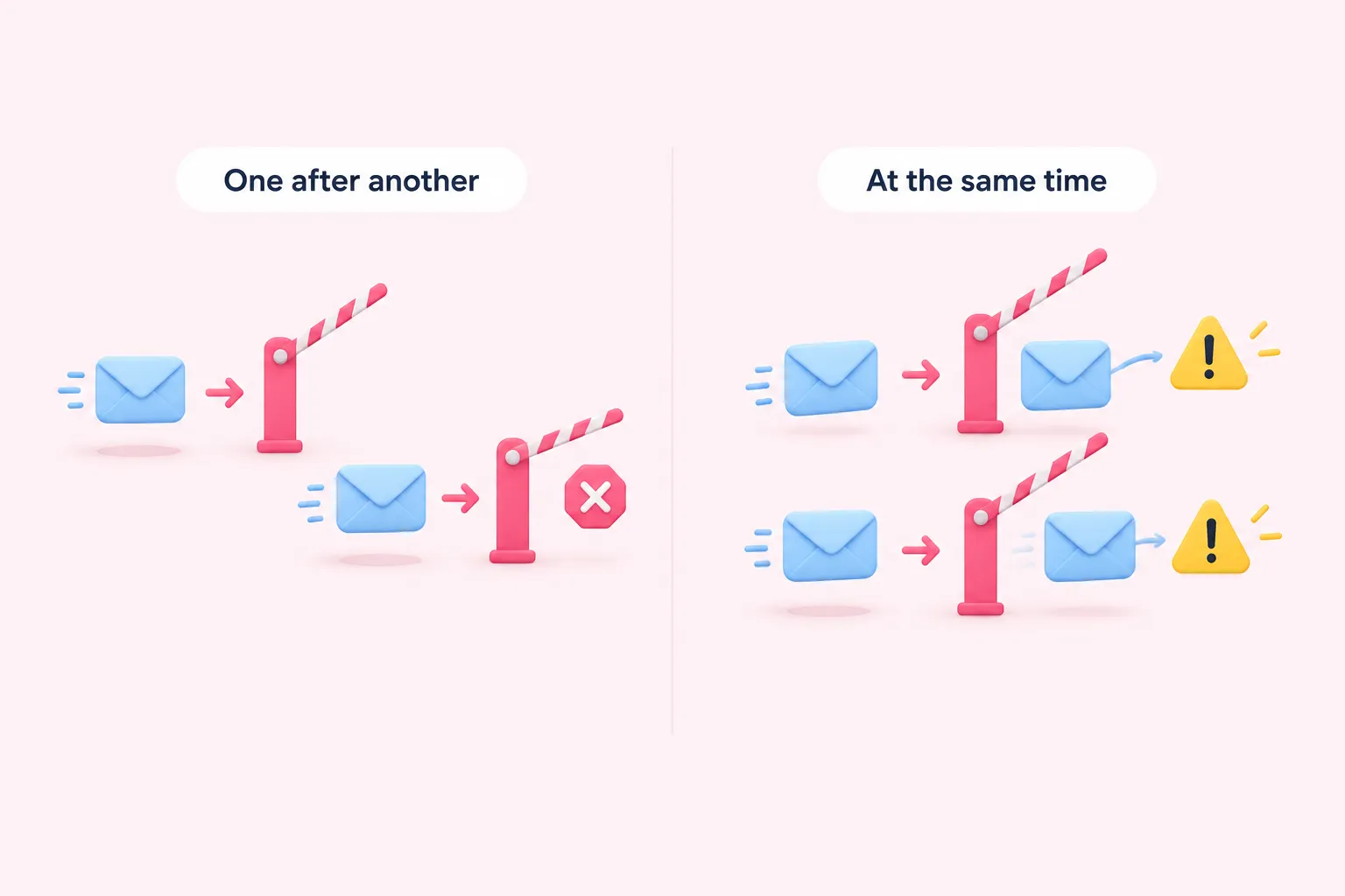 Comparison: retries in sequence are blocked, while two requests arriving at the same time can both get through.
