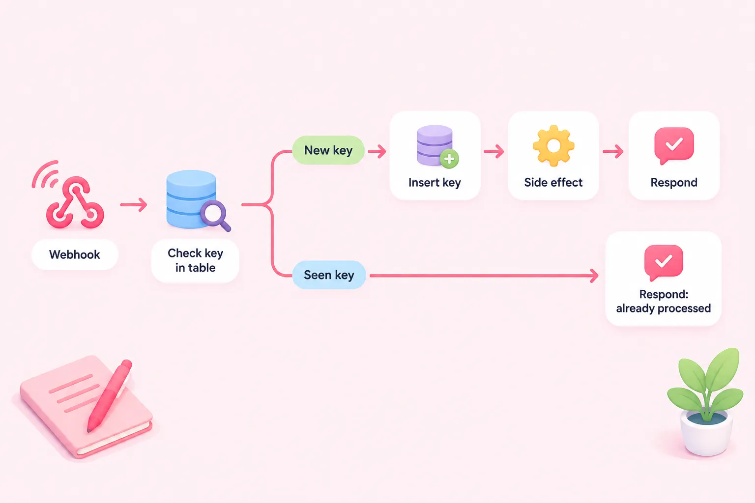 Flow diagram in which the webhook checks the key, then new keys are recorded and processed while seen keys get an already-processed response.