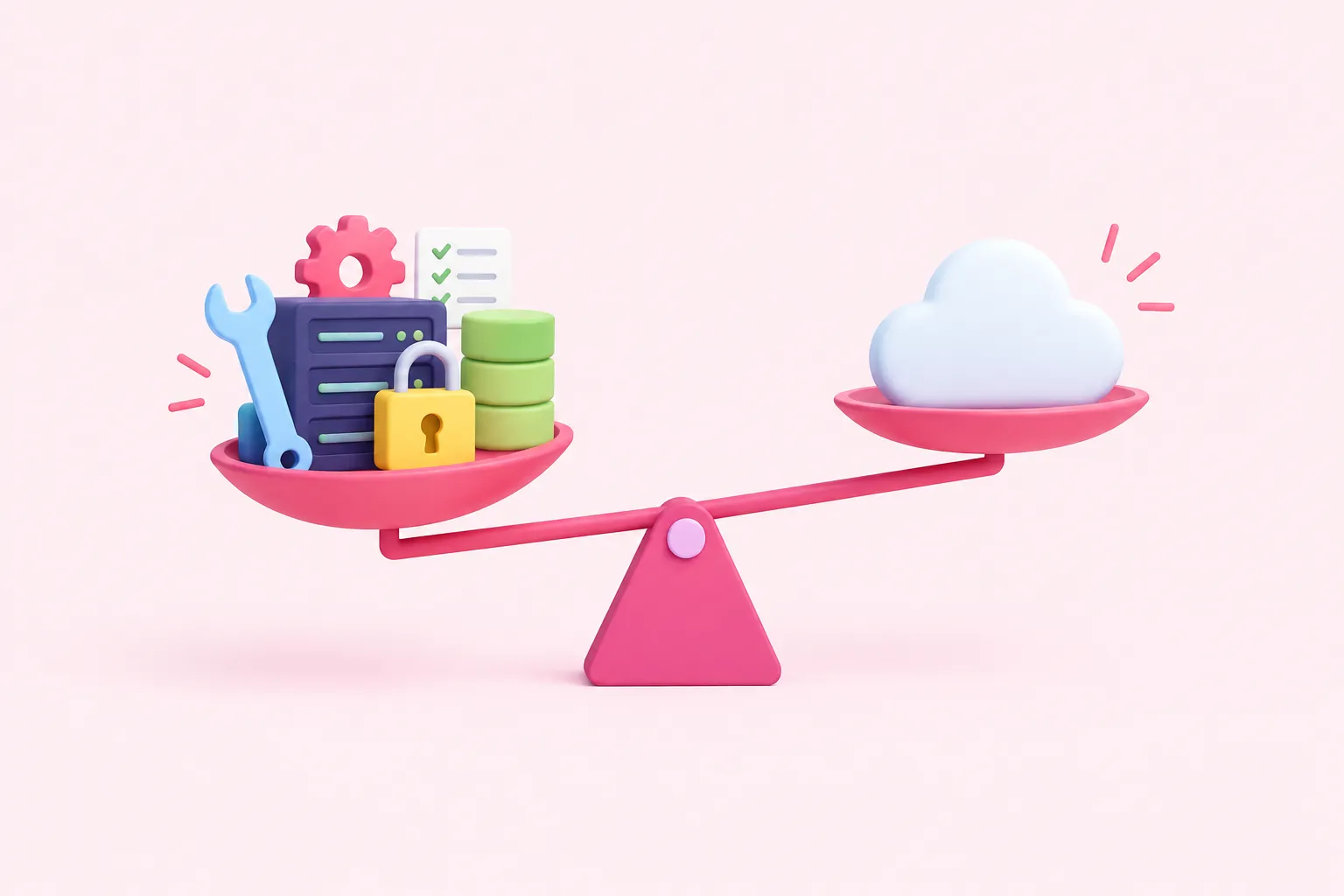 A scale compares the ongoing tasks of n8n limitations for self-hosted teams against the lighter load of n8n Cloud.