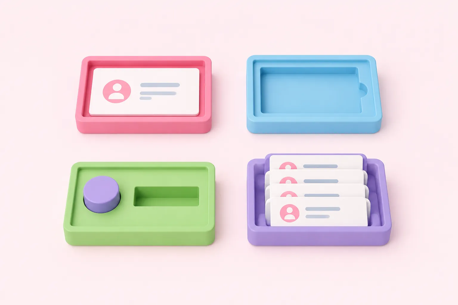 Four test trays hold a fitted contact slip, an empty recess, a round peg beside a rectangular slot and several aligned slips.