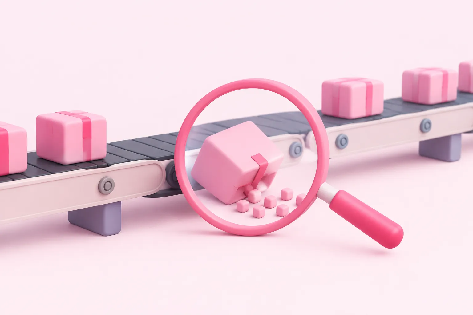 A magnifying glass inspects one fallen parcel on a stopped conveyor belt representing a failed n8n workflow node.
