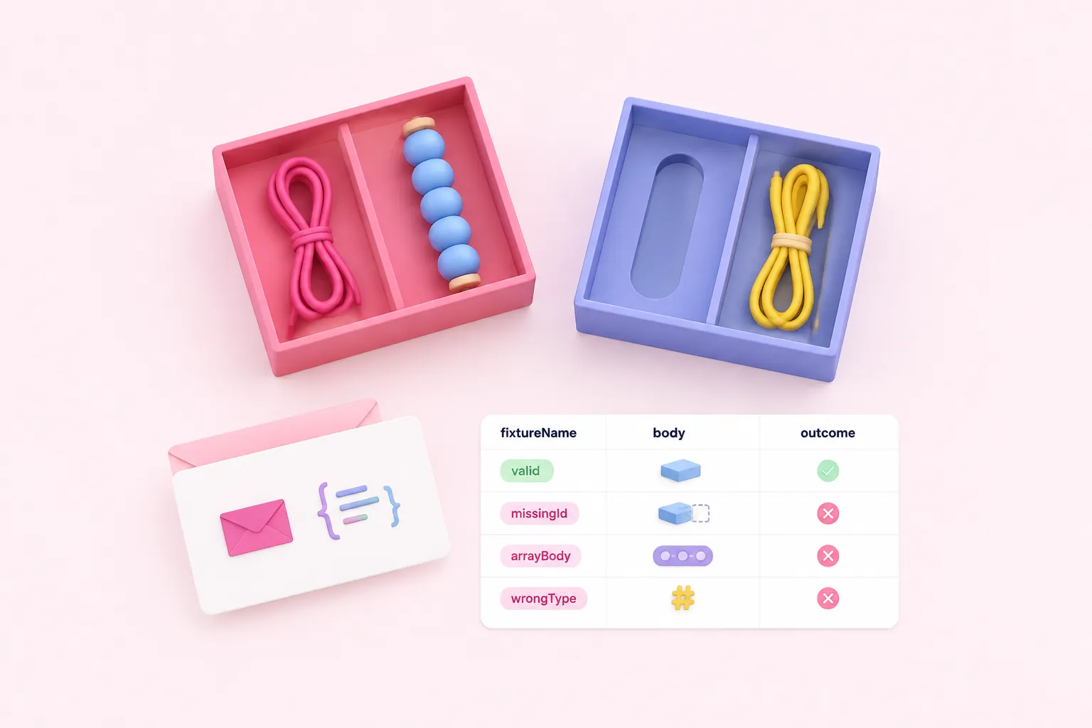 Success and incompatible response fixtures shown as matching and mismatched objects in specimen boxes.