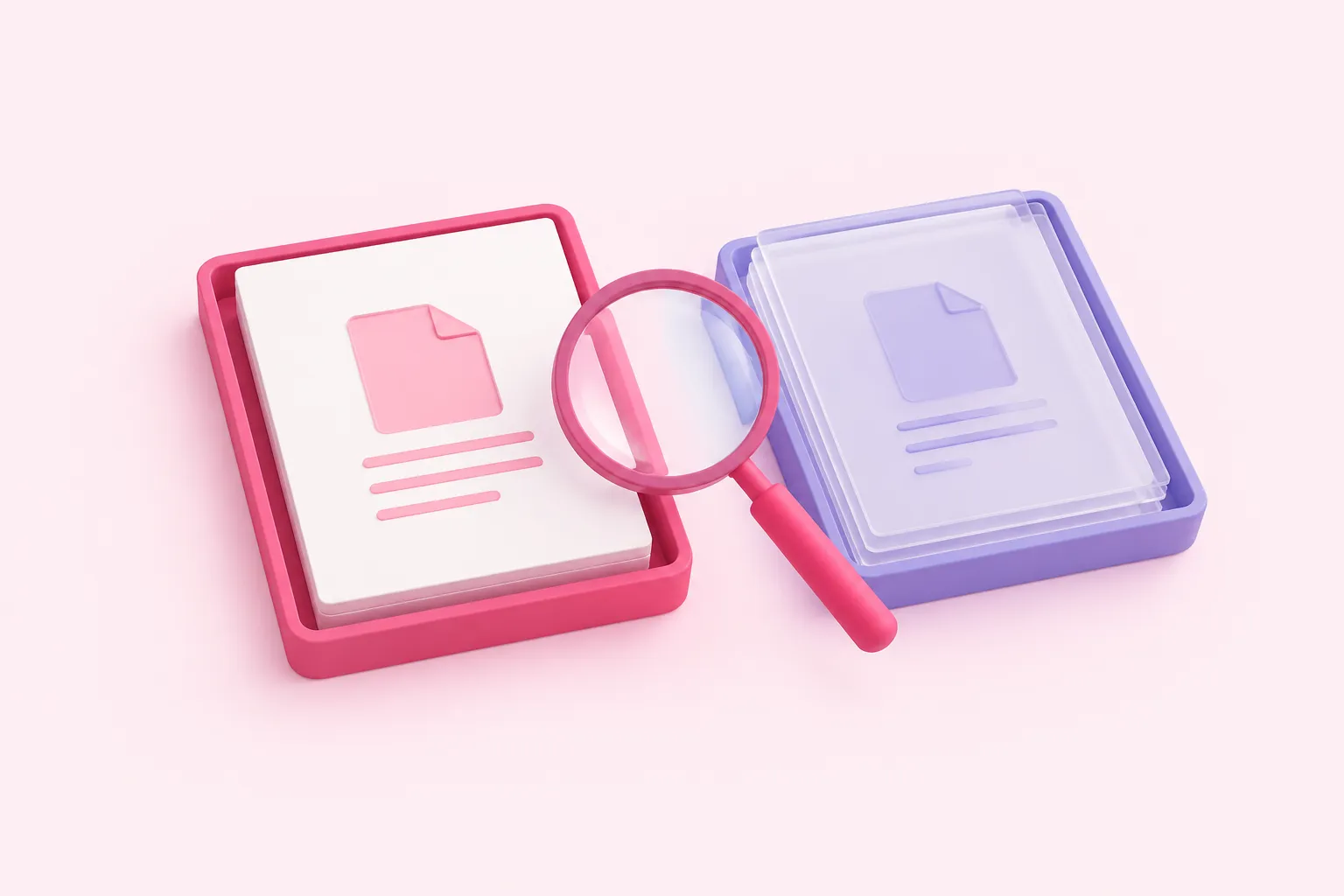 A magnifying glass spans an embossed paper sheet and a matching translucent sheet in separate trays.