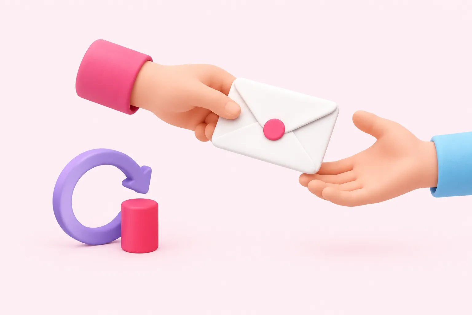 Two hands pass an envelope beside a small wheel blocked by a stop peg.