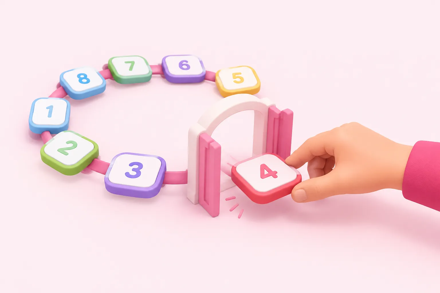 A hand moves numbered page tiles around a looping track toward an open exit gate.