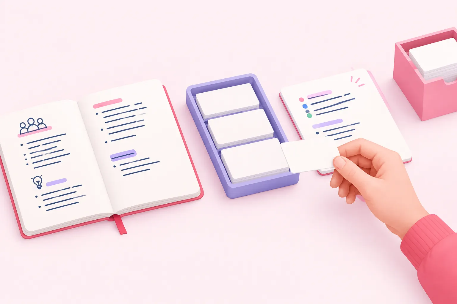 An open notebook, separated action slips and a hand comparing a slip with the original page beside an outbox.