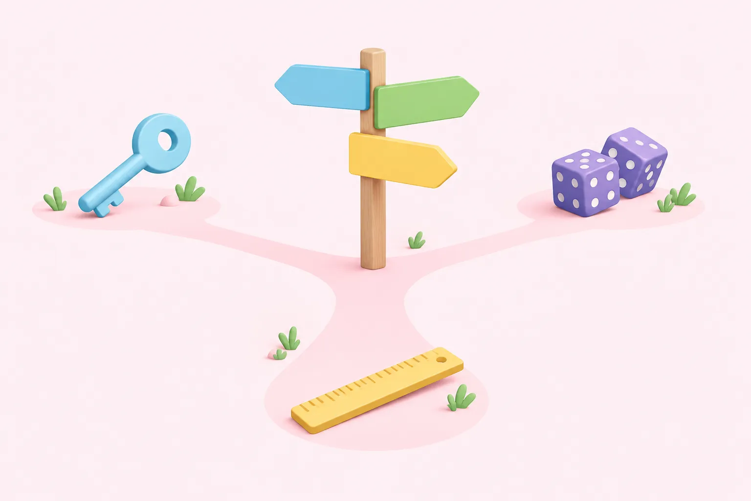 A three-armed signpost pointing toward a key, dice and a ruler representing decision criteria.