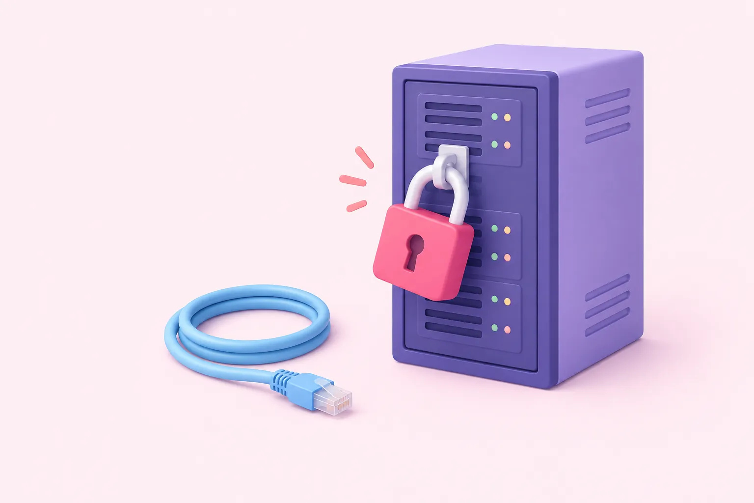 A padlock closes over a server rack gate, showing an n8n instance being sealed off from outside access.
