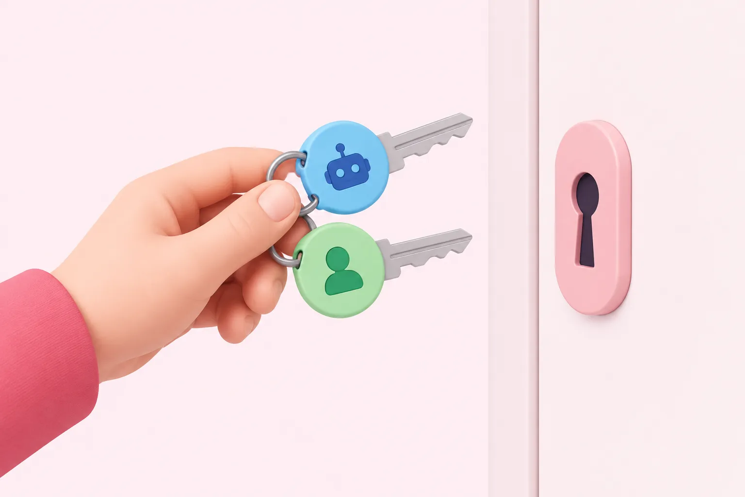 A hand holding a machine-badged key and a person-badged key beside a door, showing SAP API identity choices