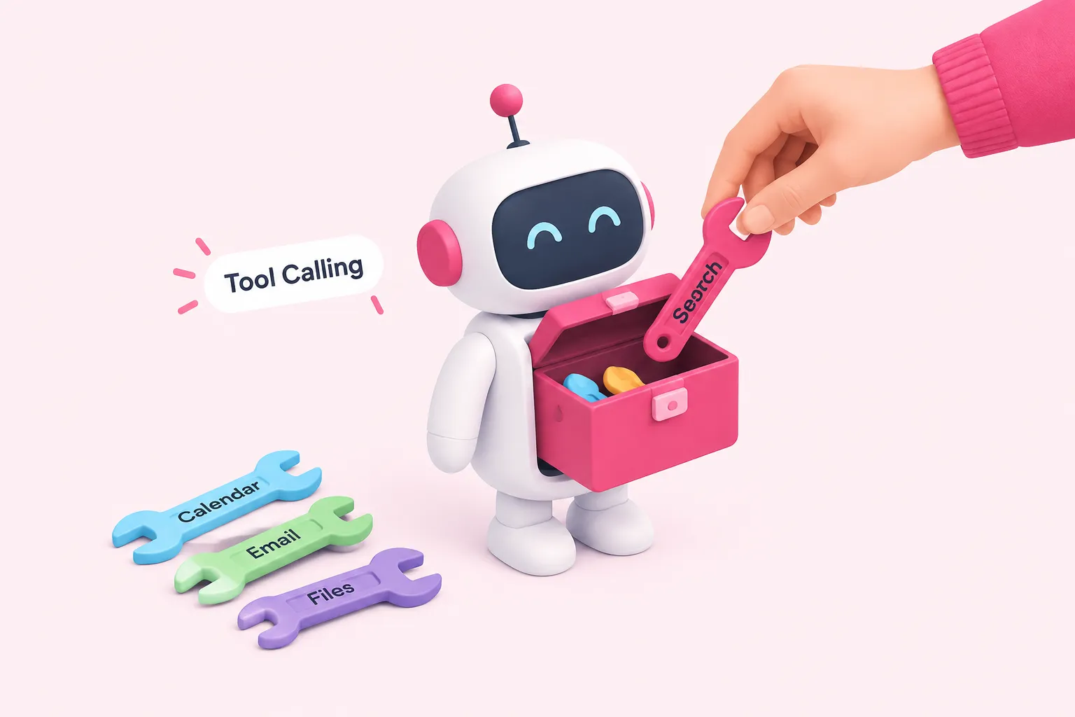 A hand choosing a specific tool from a toolbox for a small robot, depicting n8n tool-calling selection.