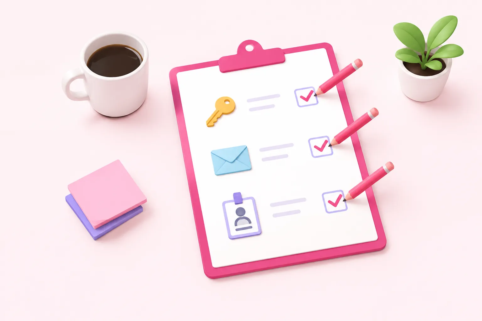 A clipboard with objects being checked off, representing onboarding workflow sign-off.