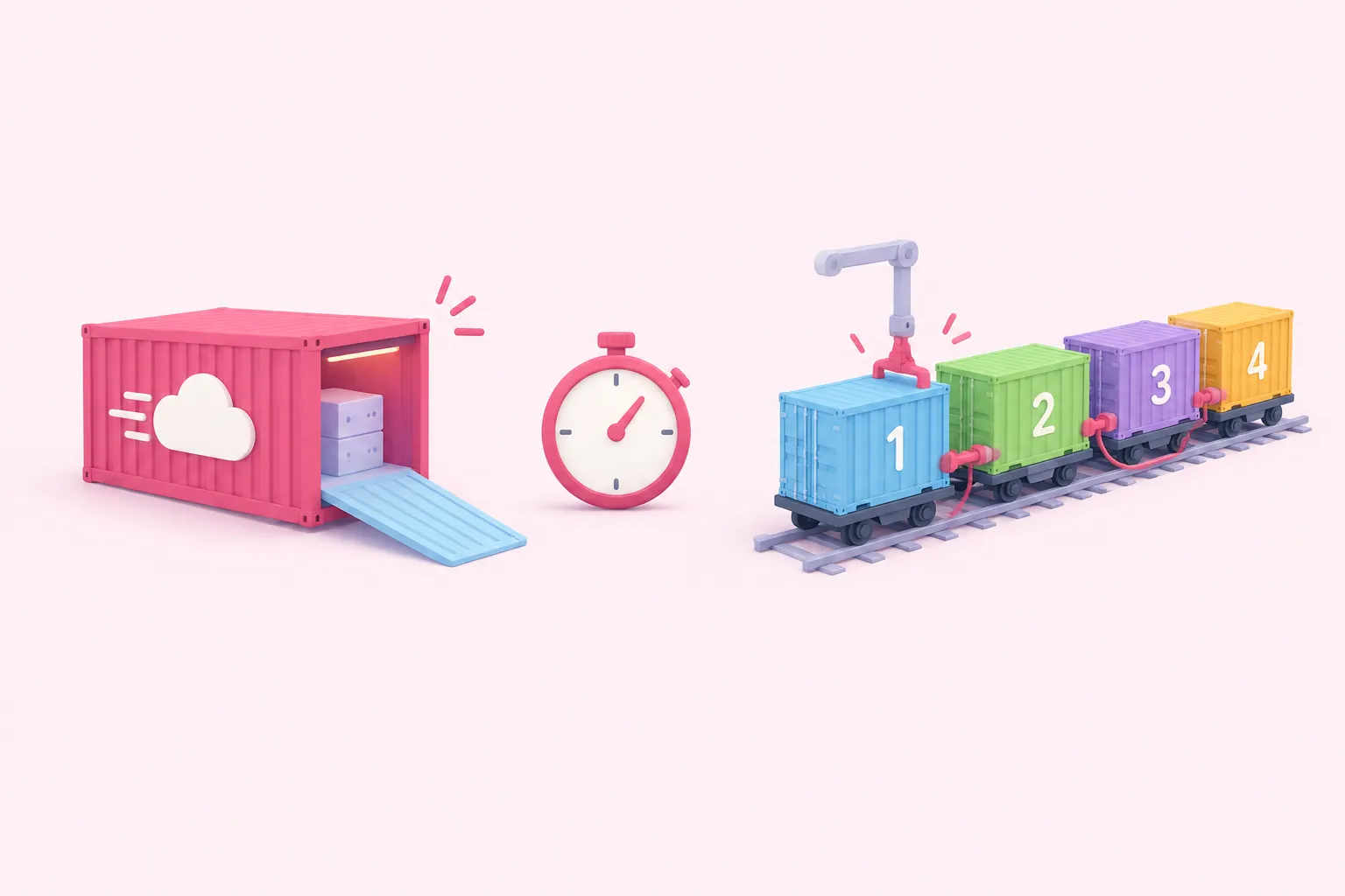 A waking shipping container beside a rail yard of linked containers shows timing Cloud Run and Kubernetes startup for n8n.