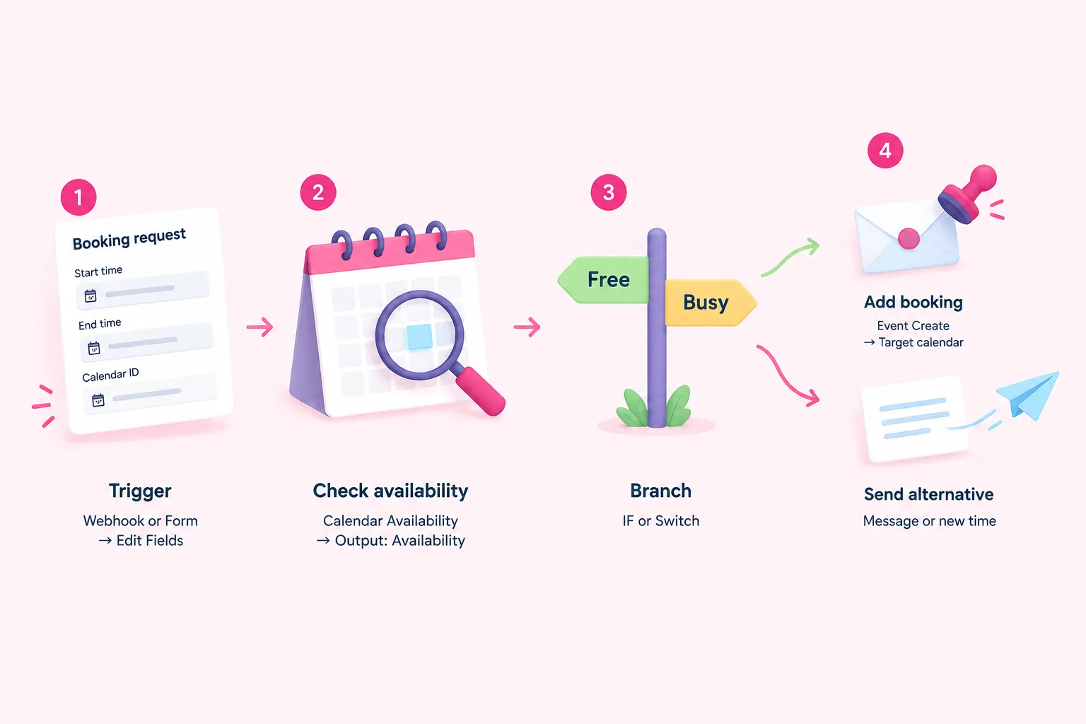 Four objects in sequence show capturing a request, checking calendar availability, branching, and creating or notifying.