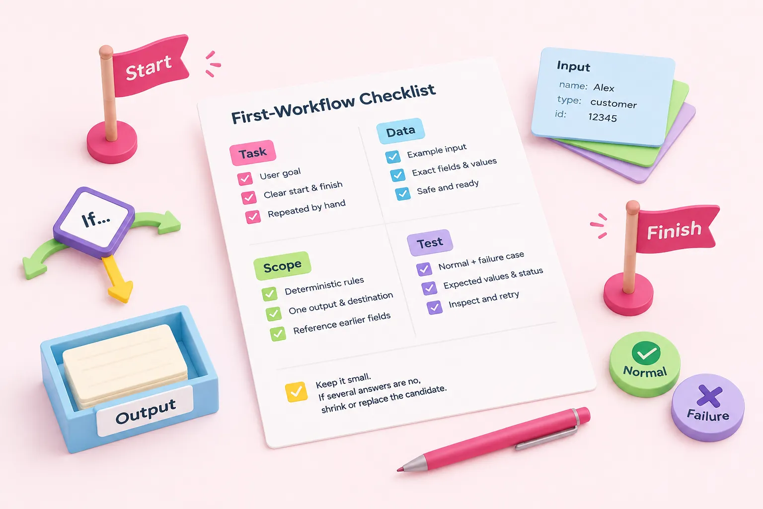 Checklist sheet organized into task, data, scope, and test groups with objects representing workflow boundaries and test cases.