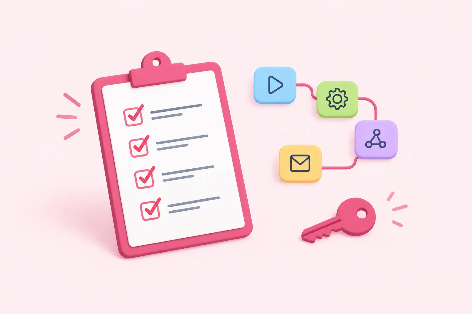 A clipboard with checkmarks next to workflow node shapes depicts governance steps for a team.