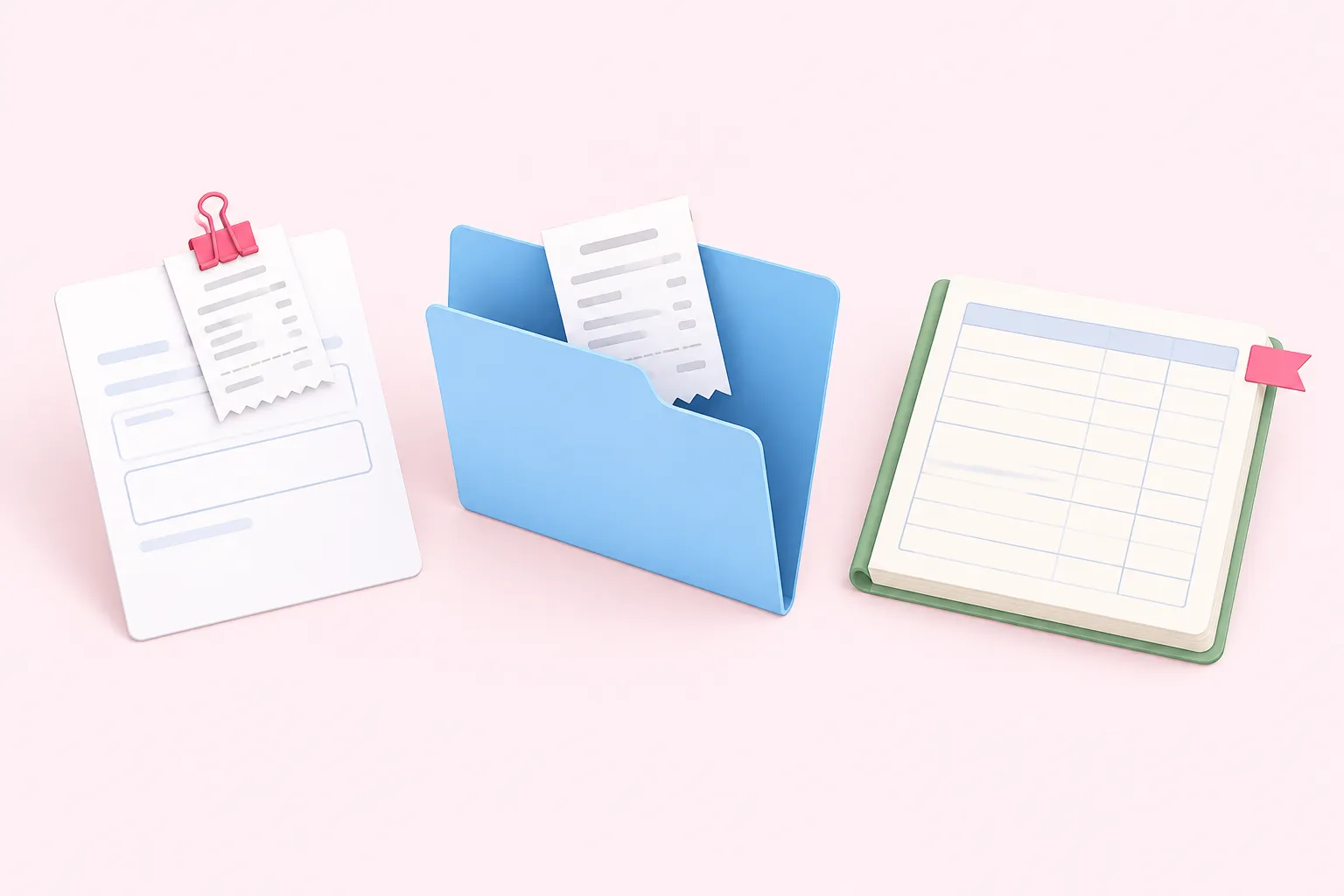 A slip, receipt folder and flagged ledger represent the n8n expense tracker capture and review path.