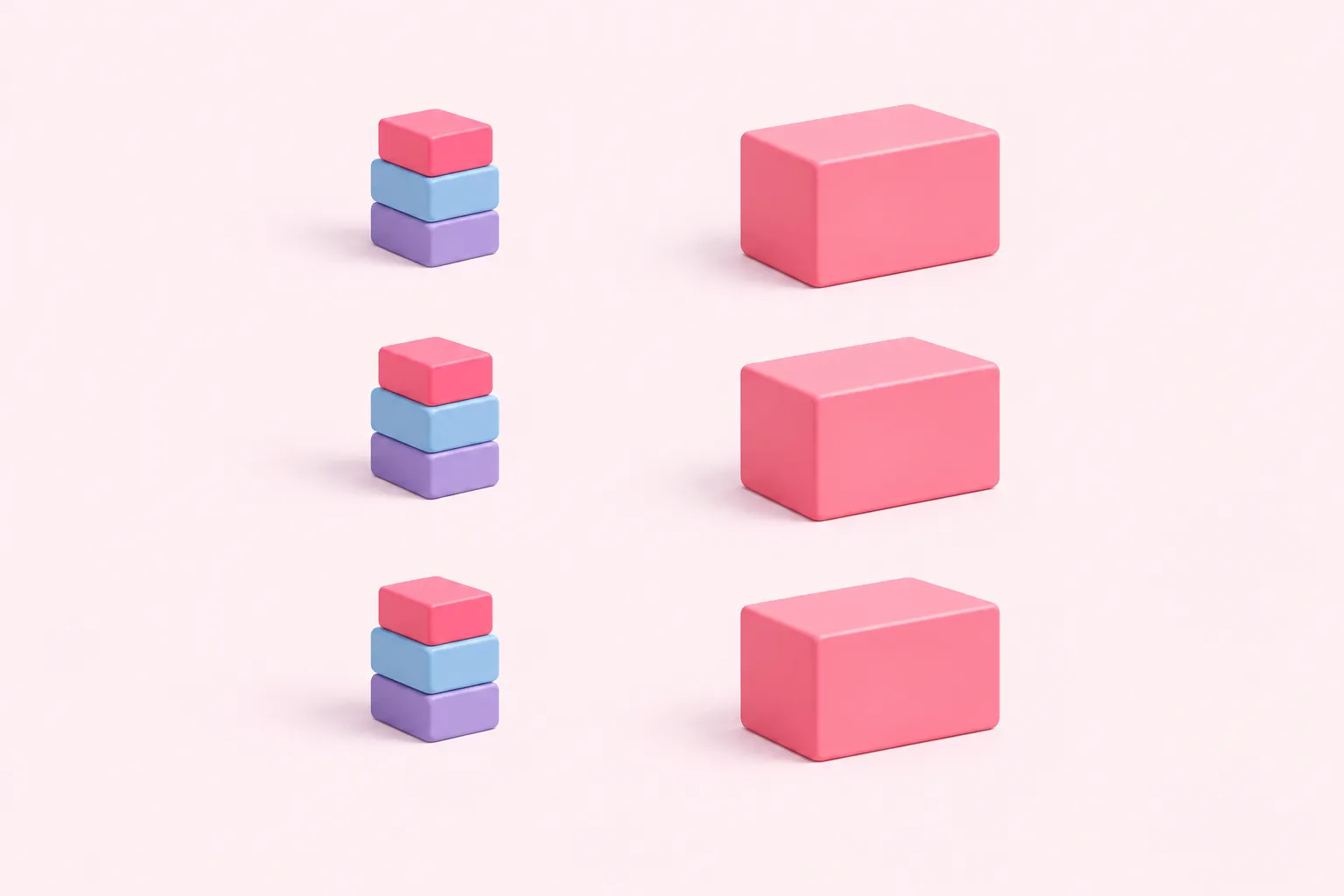 Rows of three small stacked blocks beside matching rows of one large block