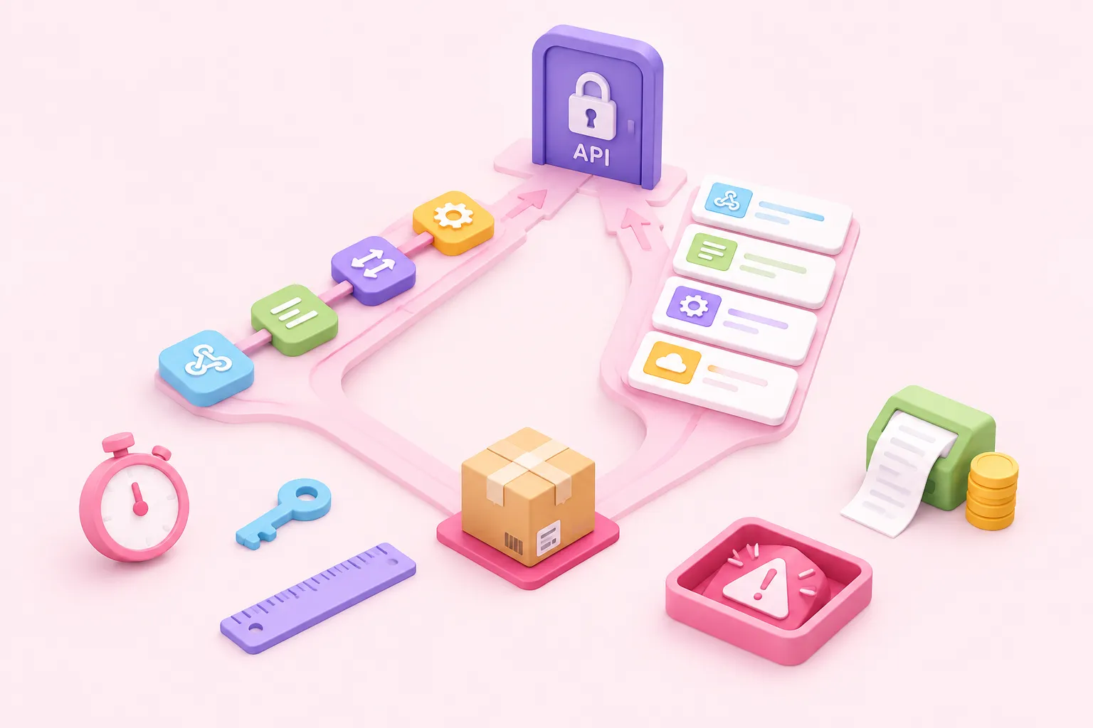 An identical webhook parcel follows two automation build paths toward the same authenticated API, with objects representing setup, credentials, mapping, errors, and billing.