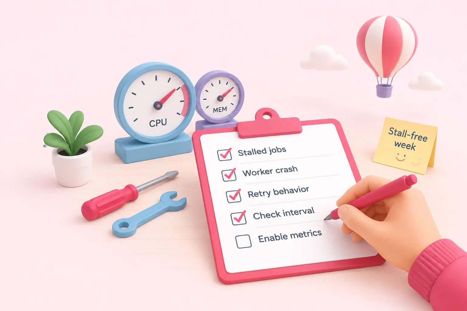 A clipboard checklist being ticked beside simple gauges representing worker health and metrics checks.
