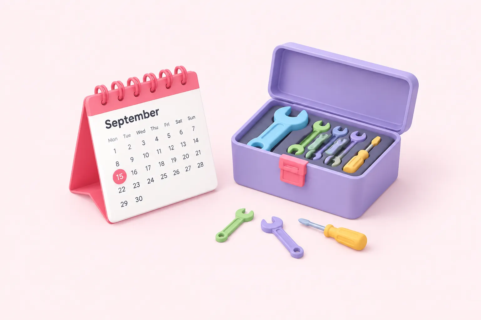 A calendar turned to September 15 next to a toolbox holding one new tool among smaller tools, showing a release day.