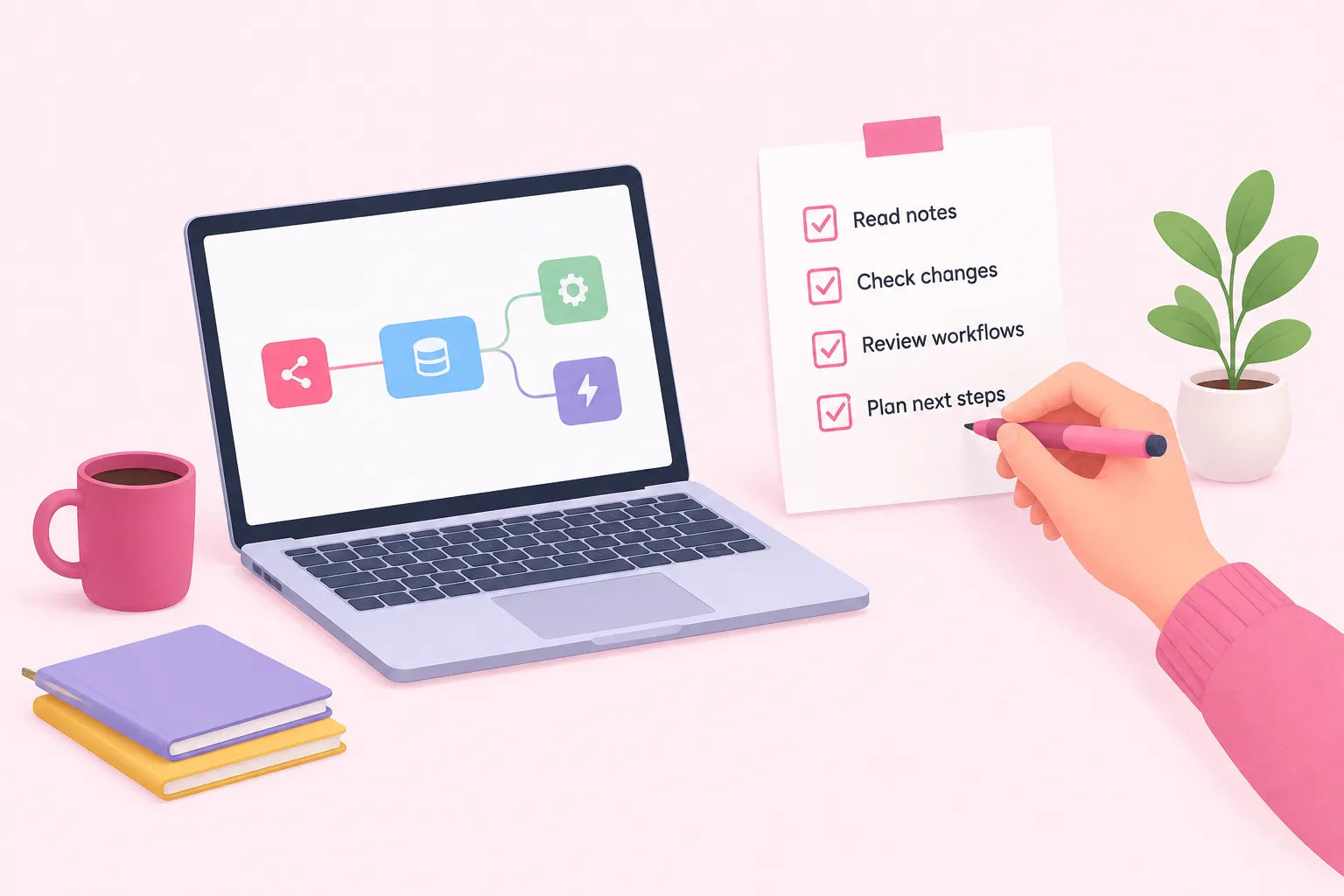A hand ticking boxes on a checklist taped near a laptop, representing steps a team takes after a release.