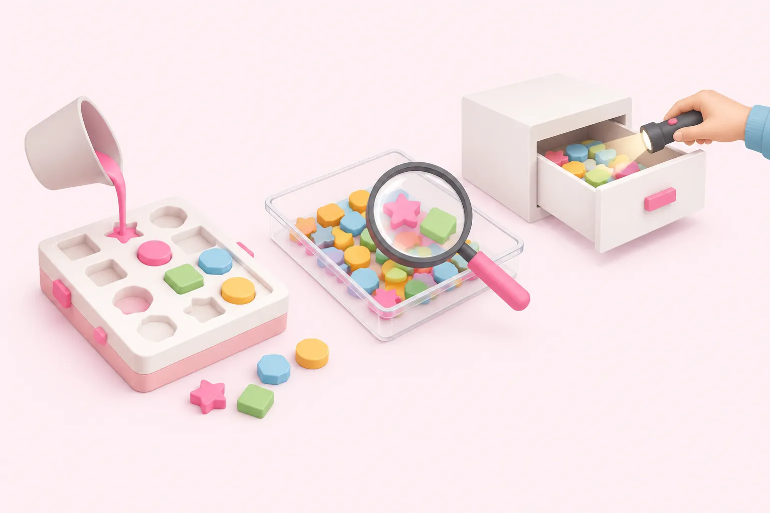 Dummy tokens, a magnifying glass and an inspected drawer depict synthetic execution retention checks.