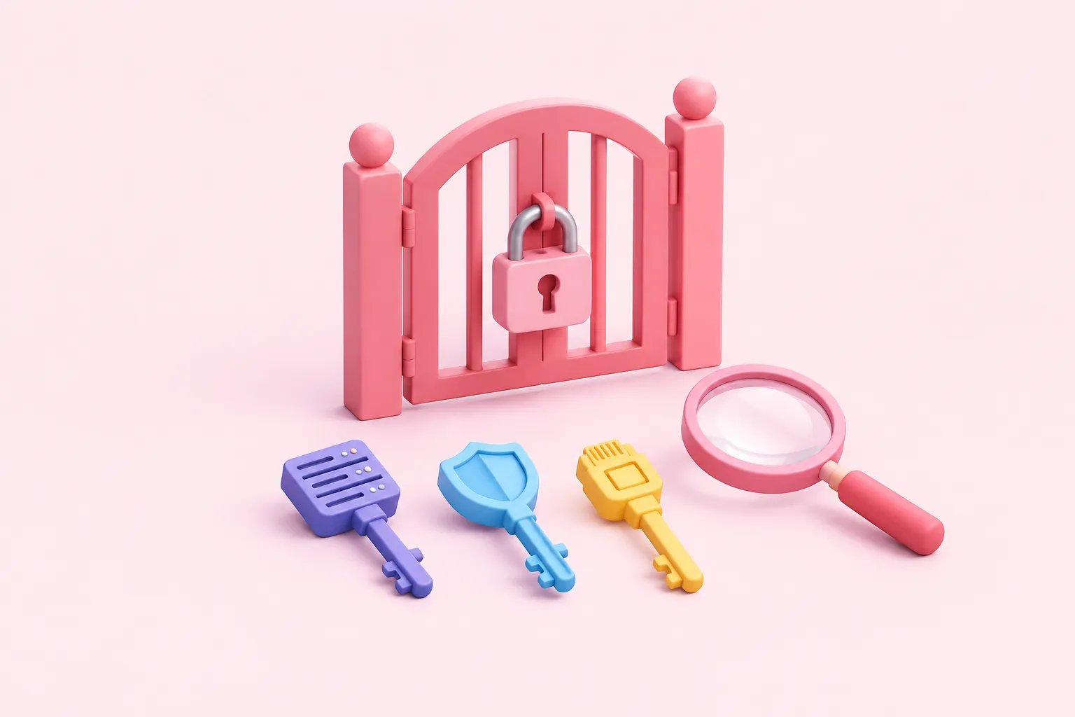 Three mismatched keys and a magnifying glass beside a locked gate, representing checks for a failing n8n SSO login.