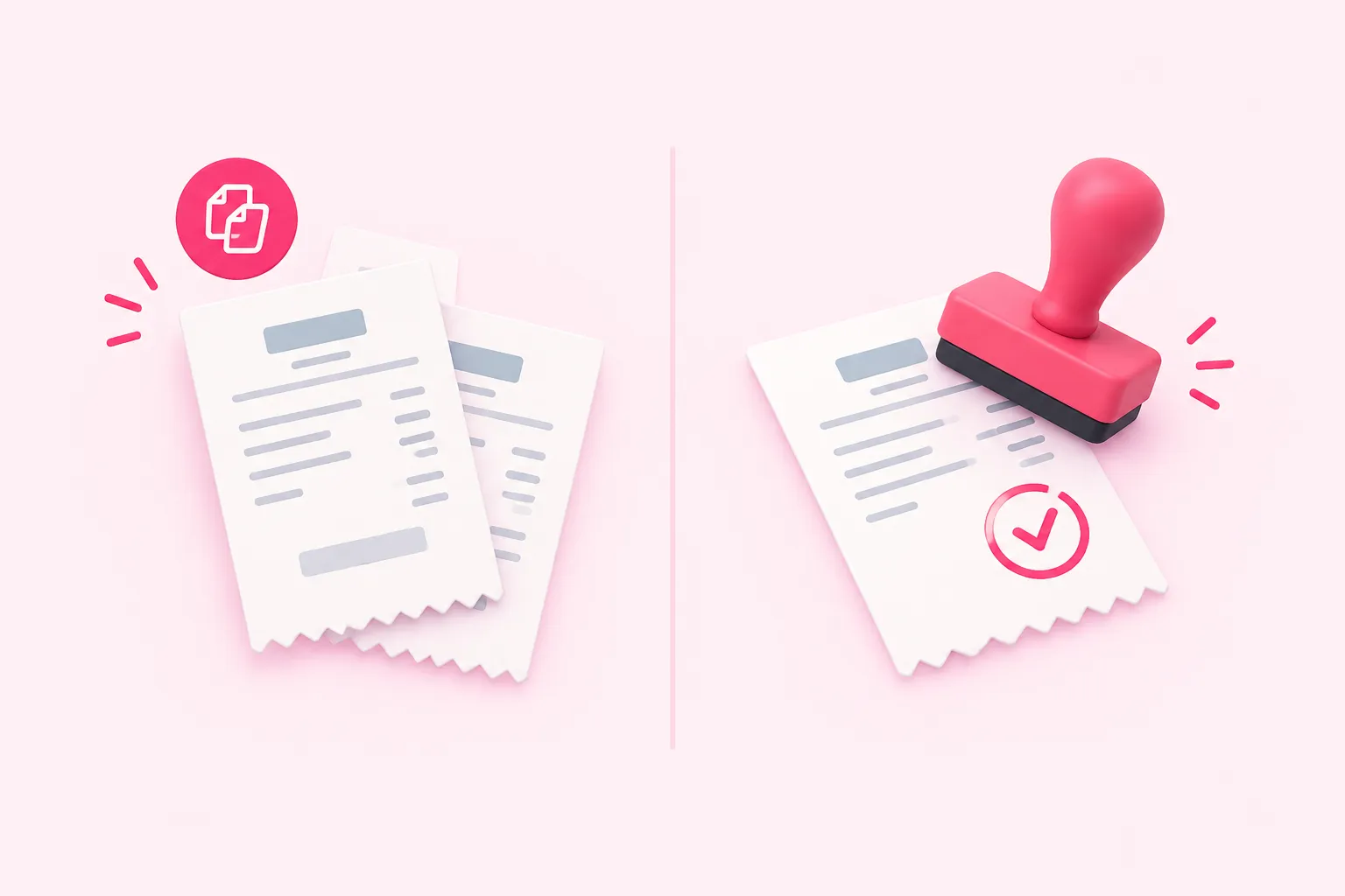 Duplicate receipts beside a single stamped receipt, contrasting retried writes with and without an idempotency key