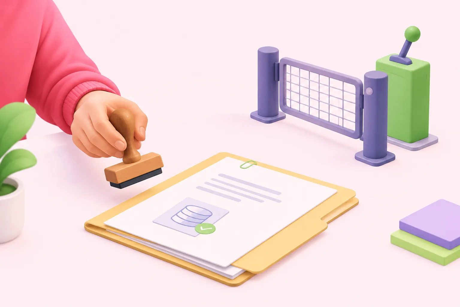 An approval stamp and evidence folder sit beside a gated warehouse queue lever.