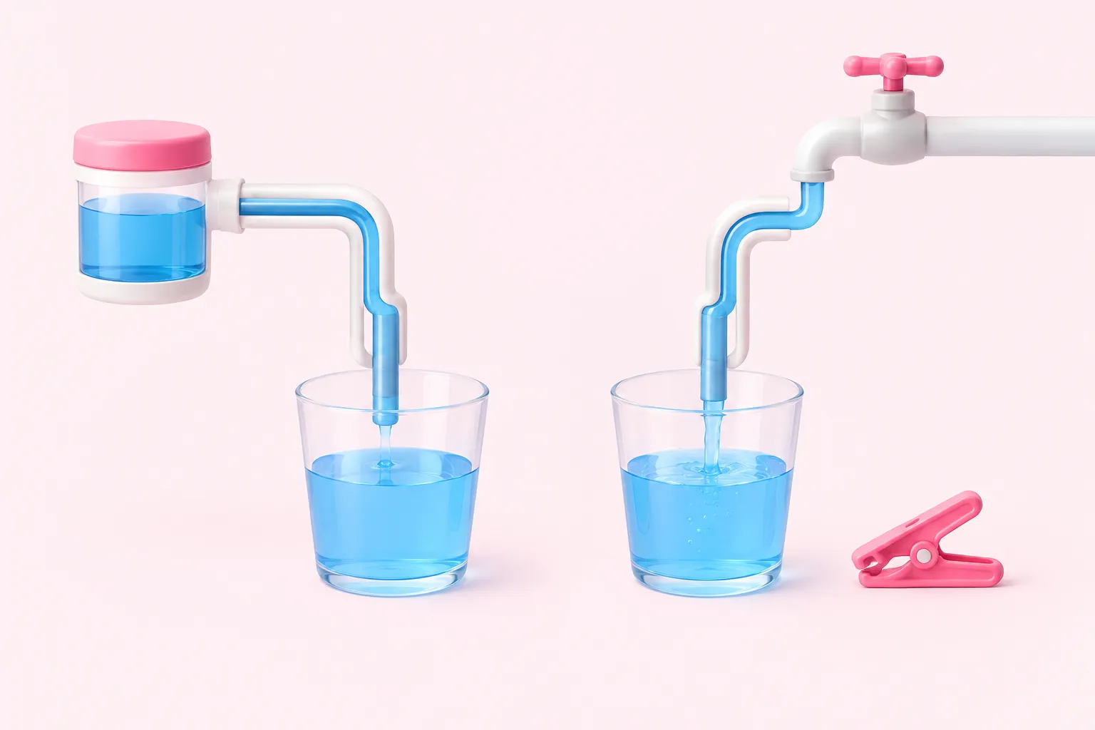 A sealed reservoir and an open water inlet feed separate pipes into receiving cups, with a released clamp nearby.