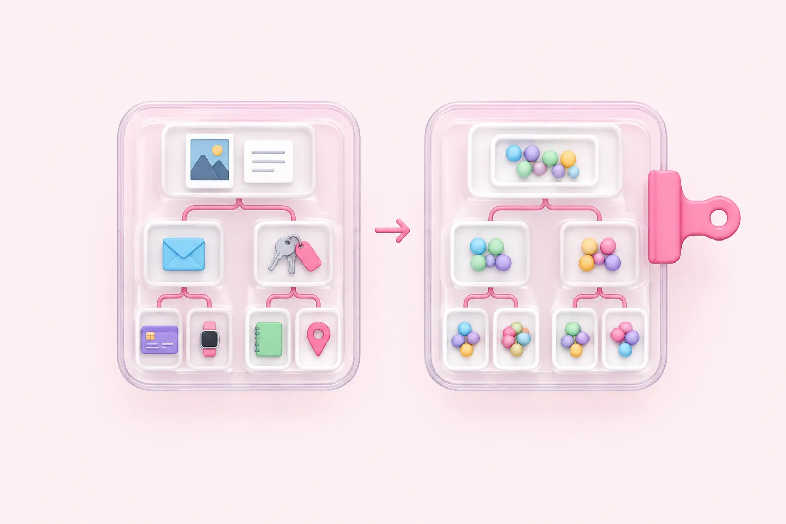 Two nested containers hold distinctive tokens and replacement pastel beads, with a clamp securing the second container.
