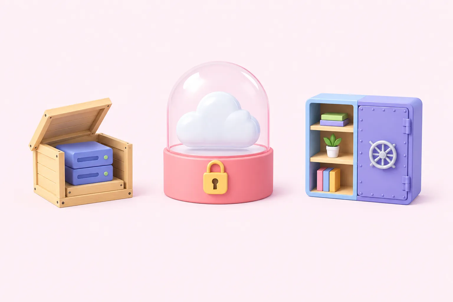 Shows n8n vs. Zapier vs. LangChain hosting choices as an open crate, a sealed dome and a split hybrid container.