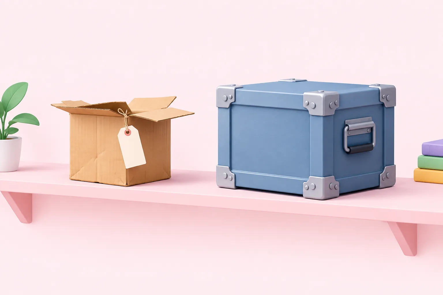 A flimsy cardboard box sits beside a bolted metal crate, showing a demo vector store next to a production-ready one.