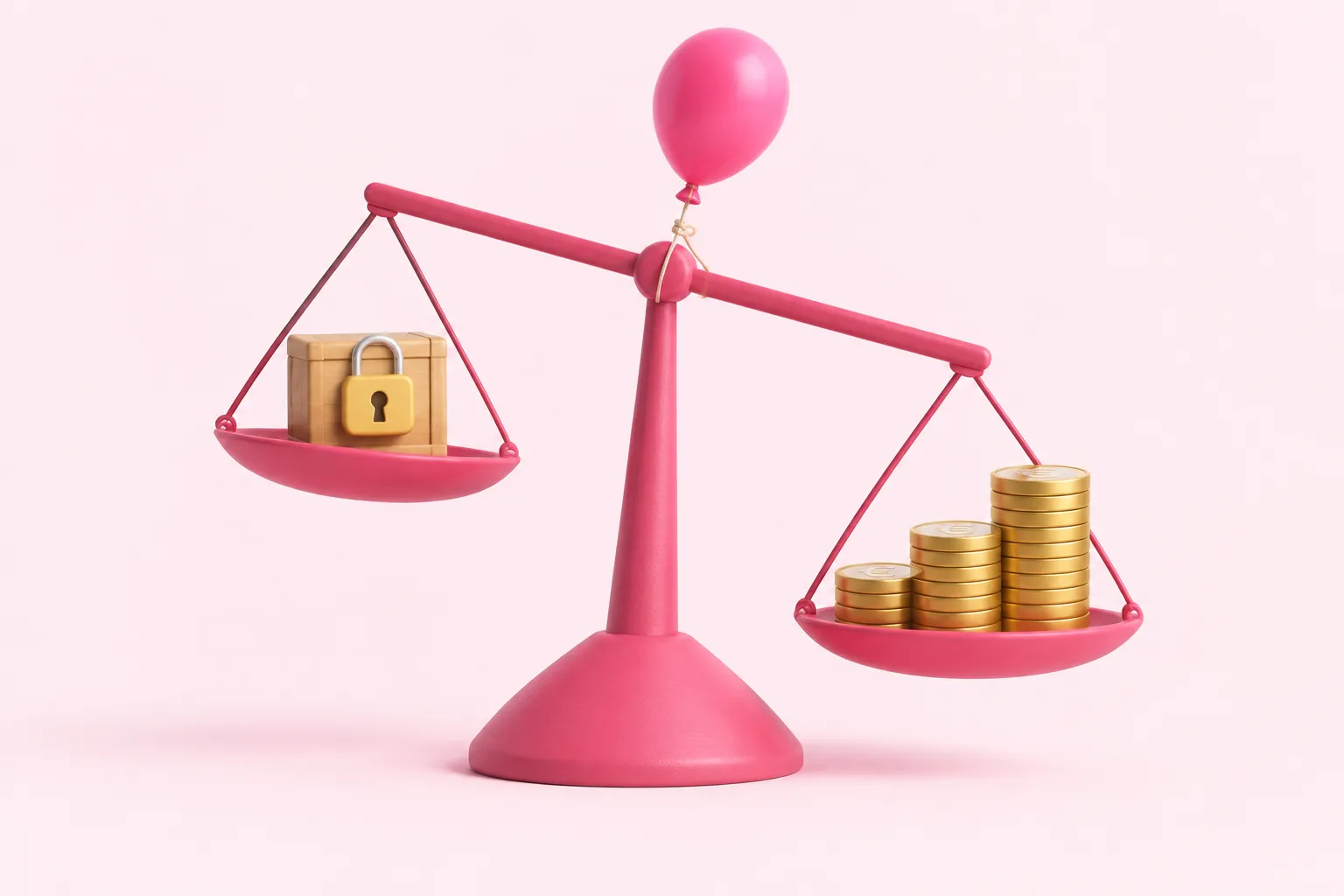A balance scale weighs a padlocked box against stacked coins, showing n8n cost rising from free to paid plans.